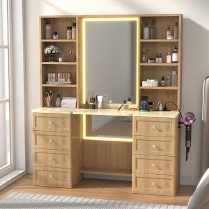 47.2" flip top makeup vanity desk featuring 47"x22" full length led lighted mirror, modern dressing table offering 8 drawers, open shelves, built in charging station for bedroom