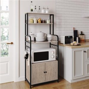 Yaheetech 4-Tier Kitchen Bakers Rack with Storage Cabinet and Hutch, Microwave Oven Stand Coffee Bar Pantry Cabinet with 8 S Hooks, Freestanding Kitchen Shelves Spice Rack, Gray